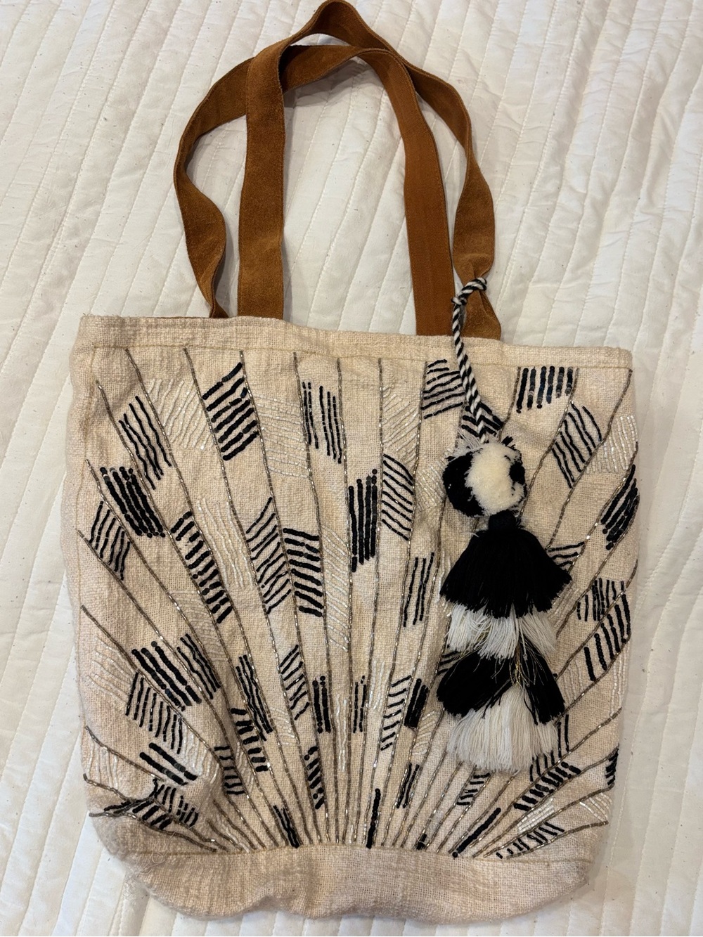 Lovestitch Vici Boutique Beaded Boho Tote Bag Cream Black 100% Cotton